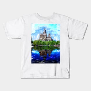 Castle By The Lake Sketch. For Vintage Castle Lovers. Kids T-Shirt